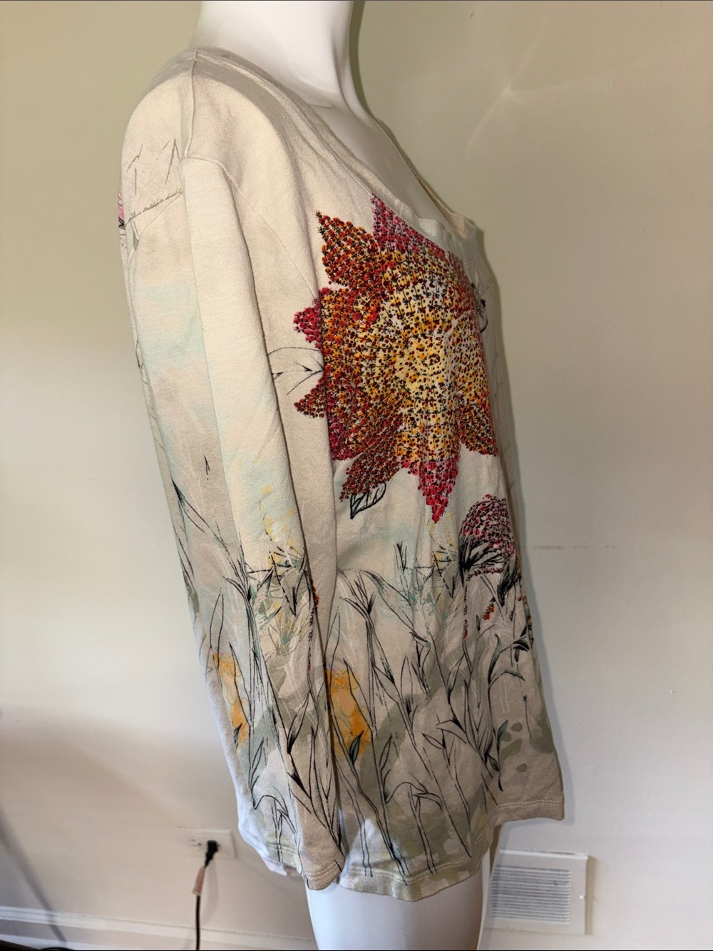 Chico's Beige Floral Scoop Neck Long Sleeve Top with Red and Yellow Accents - Picture 4 of 5